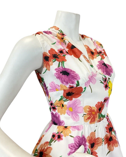 VINTAGE 60s 70s WHITE PURPLE RED FLORAL DAISY POPPY SLEEVELESS MAXI DRESS 8 10