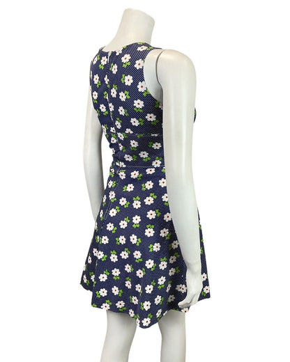 VINTAGE 60s 70s BLUE WHITE RED POLKA-DOT DAISY FLOWER SUMMER SWING DRESS 8 10