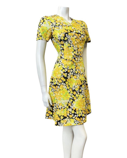 VINTAGE 60s 70s YELLOW BLACK WHITE DITSY DAISY FLORAL MOD SHORT DRESS 8 10
