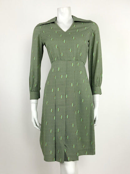 VINTAGE 60s 70s GREEN WHITE BROWN HOUNDSTOOTH GEOMETRIC WING COLLAR DRESS 10