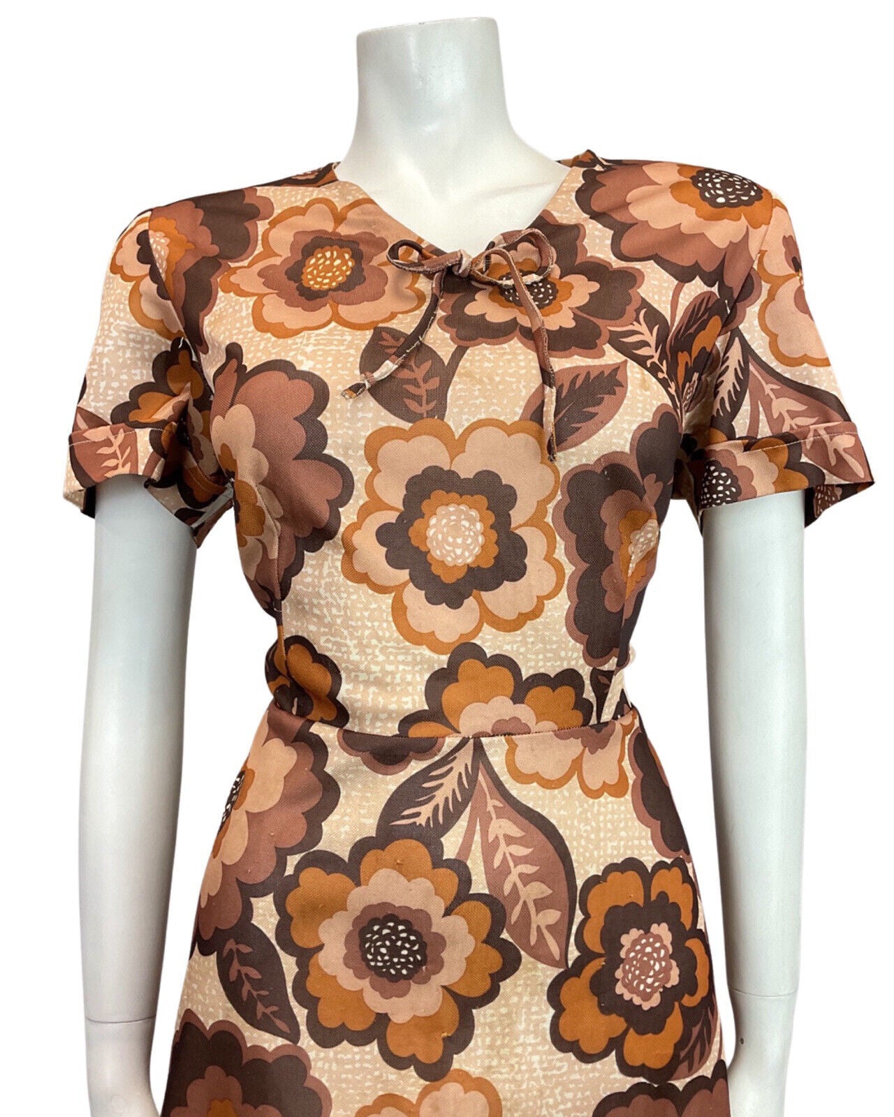 VINTAGE 60s 70s BROWN CREAM ORANGE FLORAL DAISY MOD SWING DRESS 16