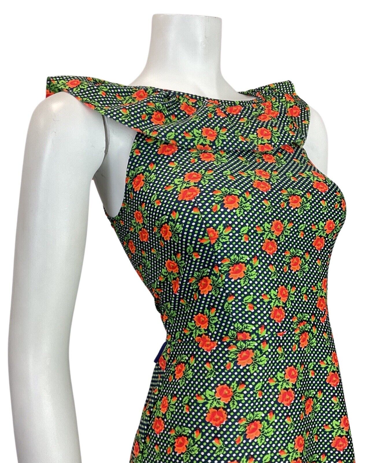 VINTAGE 60s 70s BLUE GREEN ORANGE POLKA-DOT FLORAL ROSE RUFFLE SUMMER DRESS 4