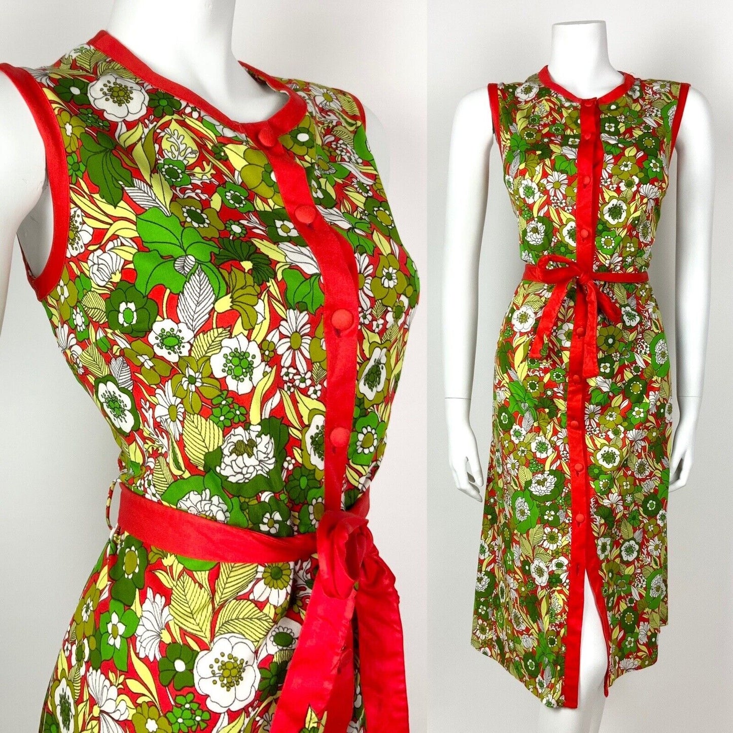 VTG 60s 70s GREEN RED WHITE PSYCHEDELIC FLORAL BELTED SLEEVELESS MOD DRESS 10 12