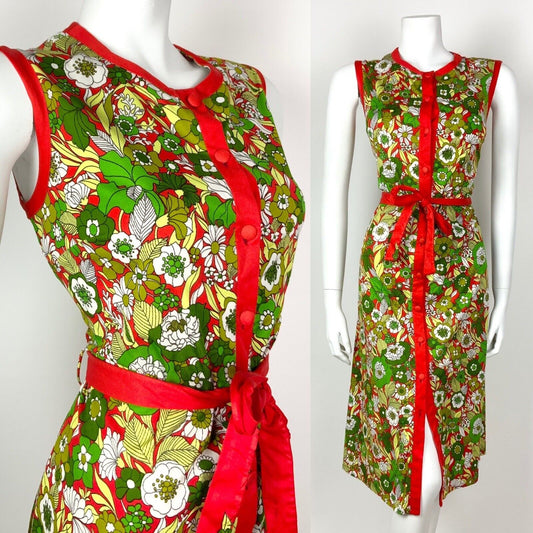 VTG 60s 70s GREEN RED WHITE PSYCHEDELIC FLORAL BELTED SLEEVELESS MOD DRESS 10 12