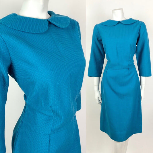 VINTAGE 60s 70s BRIGHT BLUE PETER PAN COLLAR WAFFLE MOD DRESS 12