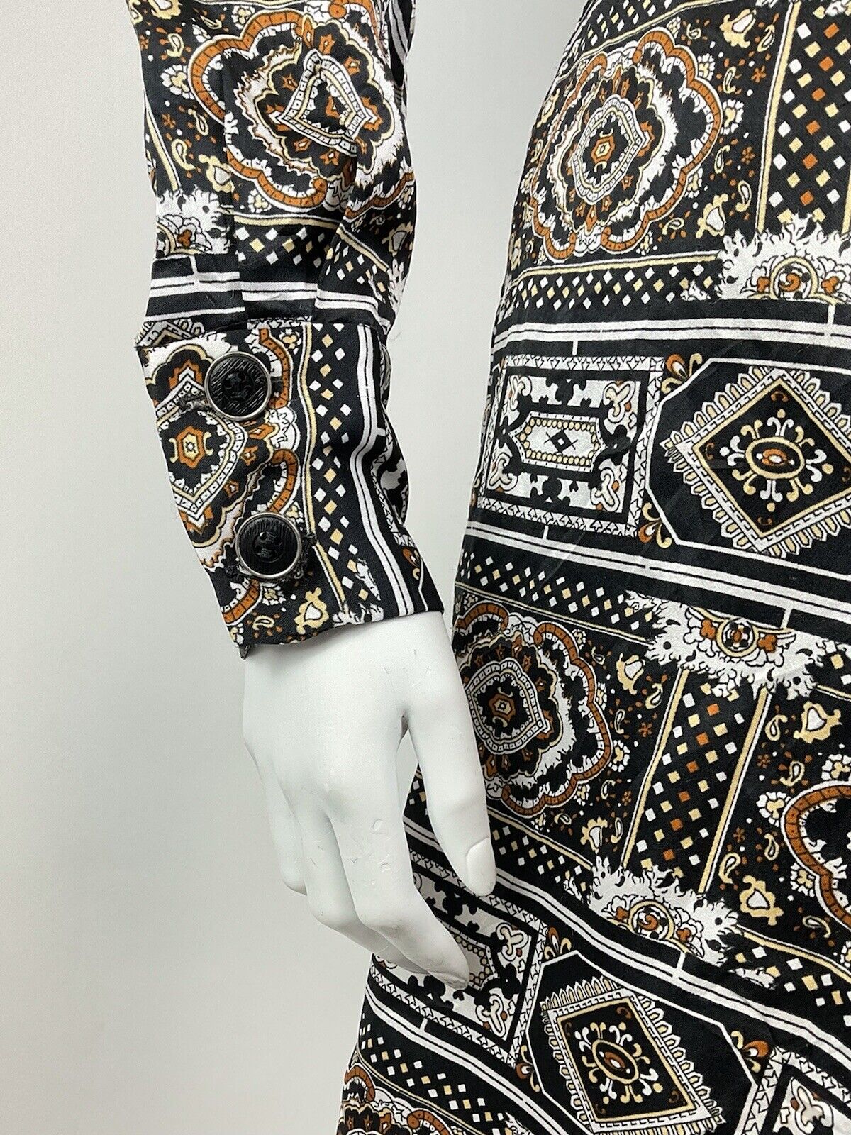 VTG 60s 70s BLACK BROWN WHITE PSYCHEDELIC TILED BAROQUE ORNATE SHIRT DRESS 14