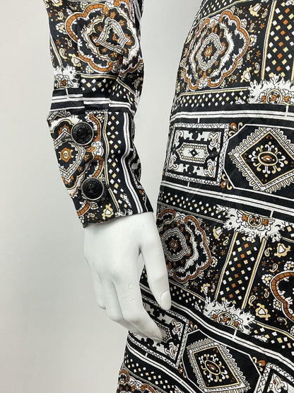 VTG 60s 70s BLACK BROWN WHITE PSYCHEDELIC TILED BAROQUE ORNATE SHIRT DRESS 14