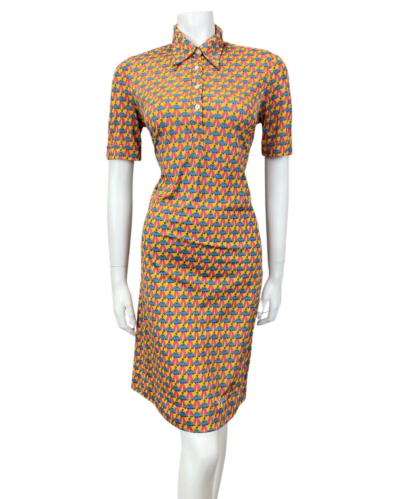 VINTAGE 60s 70s YELLOW BLUE PINK SAILOR FIGURINE PSYCHEDELIC MOD SHIRT DRESS 10