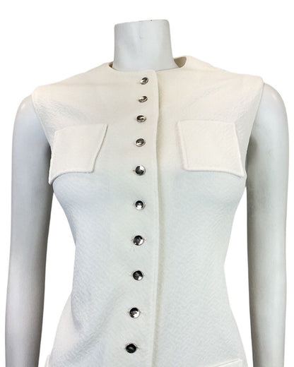 VINTAGE 60s 70s BRIGHT WHITE SILVER SLEEVELESS MOD SHORT SHIFT DRESS 10 12