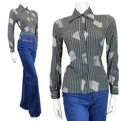 VINTAGE 60s 70s BLACK WHITE PINSTRIPE OP-ART GEOMETRIC MOD DAGGER SHIRT 8