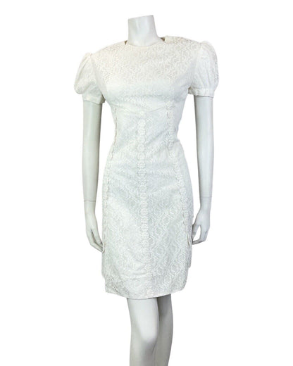 VINTAGE 60s 70s WHITE FLORAL ROSE LACE MOD PUFF SLEEVE SHORT DRESS 8 10