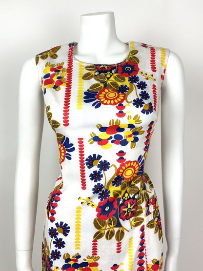 VINTAGE 60s 70s WHITE RED BLUE YELLOW GOLD FLORAL GEOMETRIC MOD DRESS 10 12