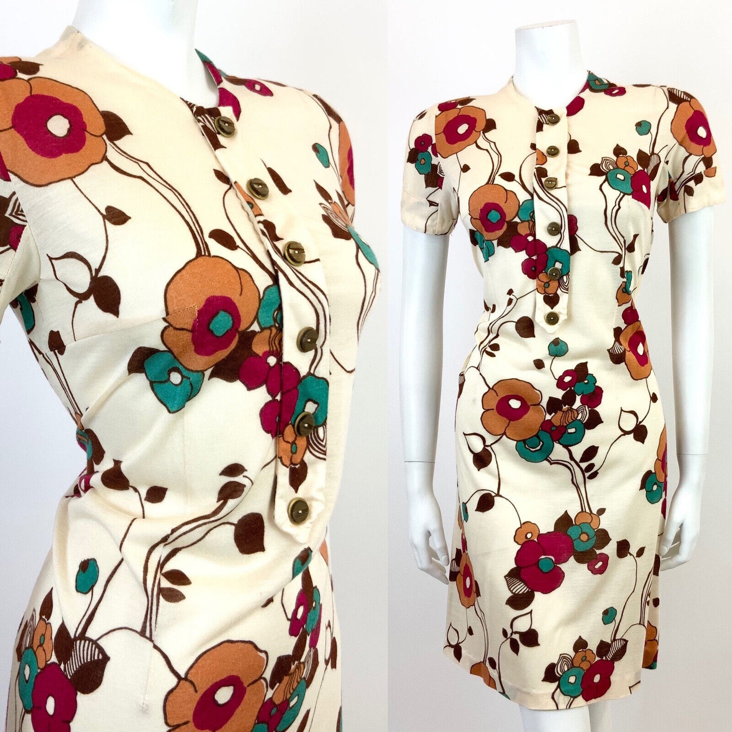 VINTAGE 60s 70s CREAM BROWN RED FLORAL VINE SHORT SHIFT DRESS 10 12