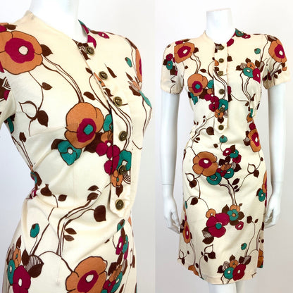 VINTAGE 60s 70s CREAM BROWN RED FLORAL VINE SHORT SHIFT DRESS 10 12