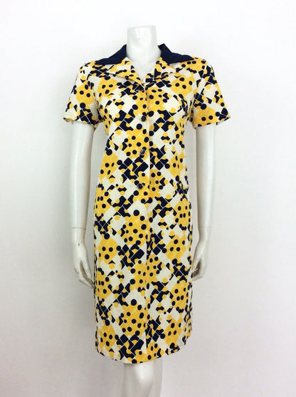 VINTAGE 60s 70s SHIRT DRESS GEOMETRIC ABSTRACT BLUE YELLOW CREAM WHITE 14 16