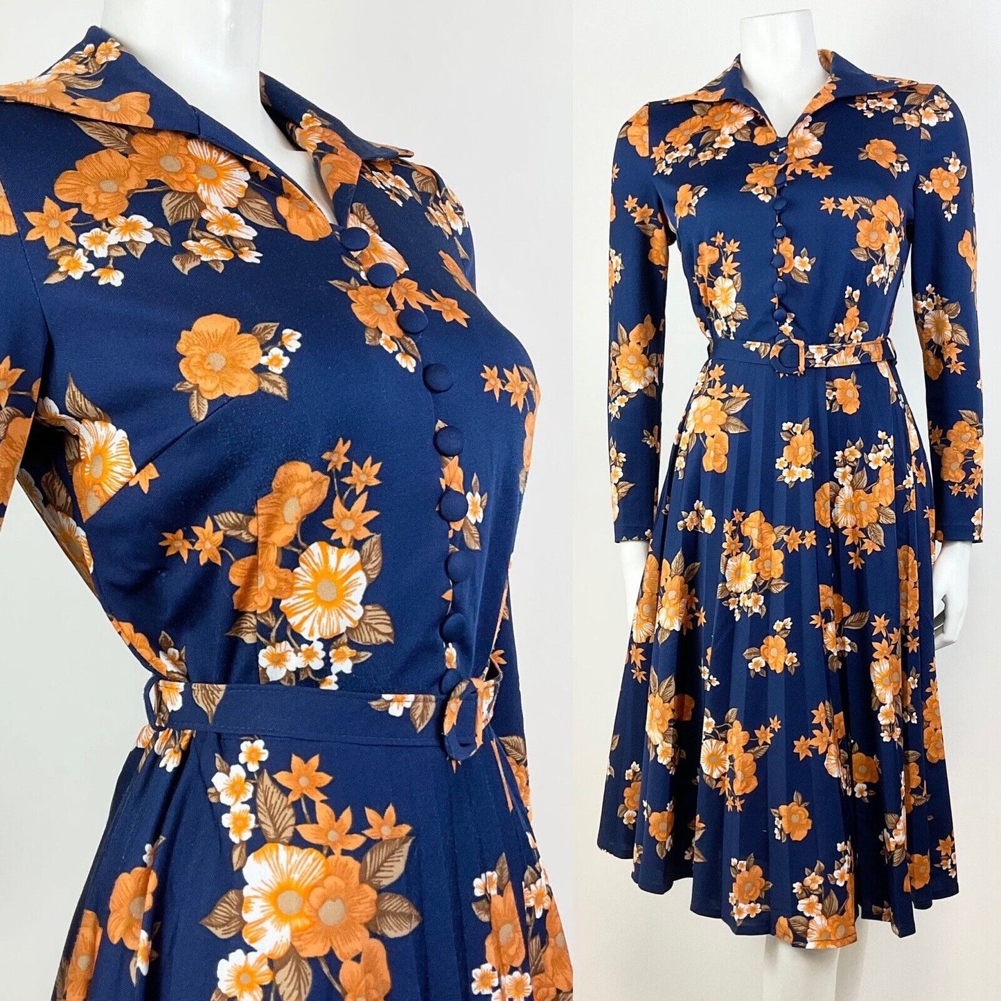 VTG 60s 70s BLUE ORANGE BROWN WHITE FLORAL PLEATED WING COLLAR SHIRT DRESS 12
