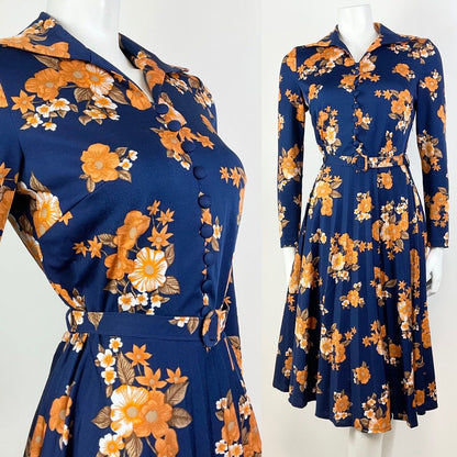 VTG 60s 70s BLUE ORANGE BROWN WHITE FLORAL PLEATED WING COLLAR SHIRT DRESS 12