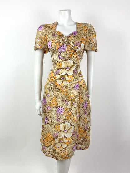 VTG 60s 70s CREAM BROWN PURPLE ORANGE FLORAL DITSY SWEETHEART TEA DRESS 10 12