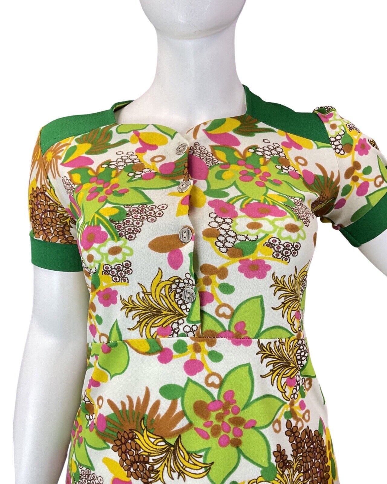 VINTAGE 60s 70s WHITE GREEN PINK FLORAL PSYCHEDELIC MOD SHORT DRESS 16