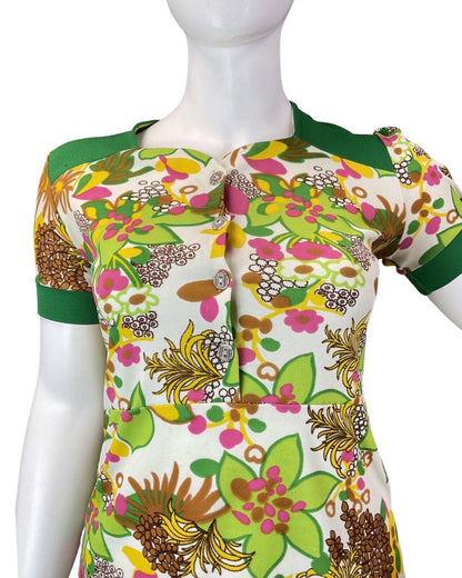 VINTAGE 60s 70s WHITE GREEN PINK FLORAL PSYCHEDELIC MOD SHORT DRESS 16