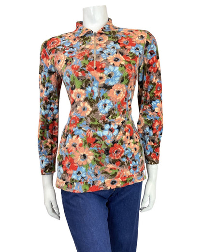 VTG 60s 70s ORANGE BLUE RED FLORAL FLEECE ZIP-UP MOD DAGGER BLOUSE 10 12