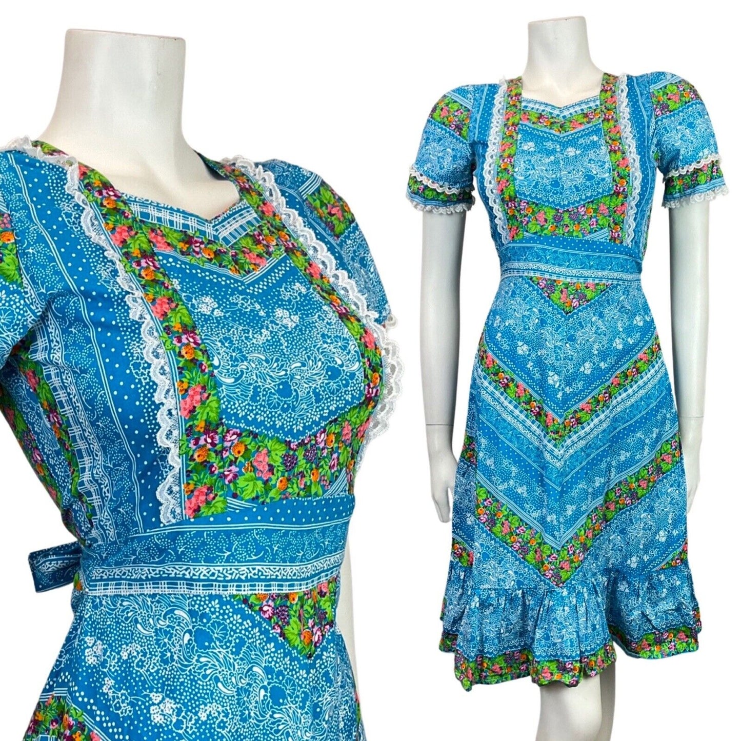 VINTAGE 70s BLUE GREEN WHITE FLORAL BERRY LACE DOTTY FOLK PRAIRIE BOHO DRESS 4