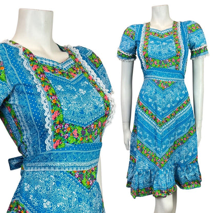 VINTAGE 70s BLUE GREEN WHITE FLORAL BERRY LACE DOTTY FOLK PRAIRIE BOHO DRESS 4