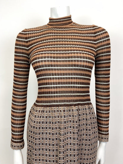 VINTAGE 60s 70s BROWN BRONZE SILVER GEOMETRIC TURTLENECK LUREX MAXI DRESS 6 8