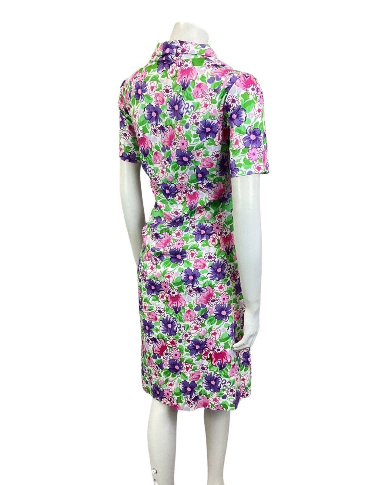 VINTAGE 60s 70s GREEN PURPLE PINK FLORAL GARDEN SHORT SHIRT DRESS 14 16