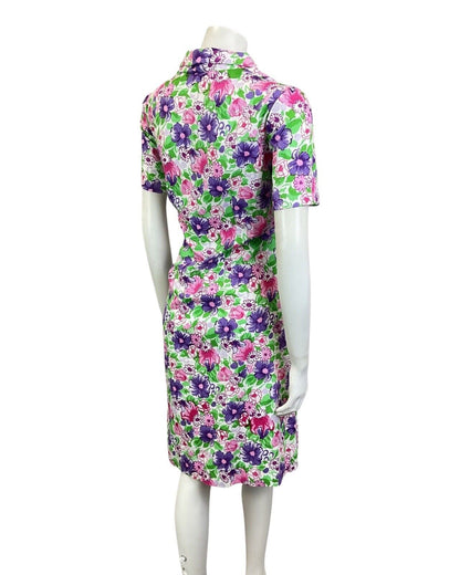 VINTAGE 60s 70s GREEN PURPLE PINK FLORAL GARDEN SHORT SHIRT DRESS 14 16