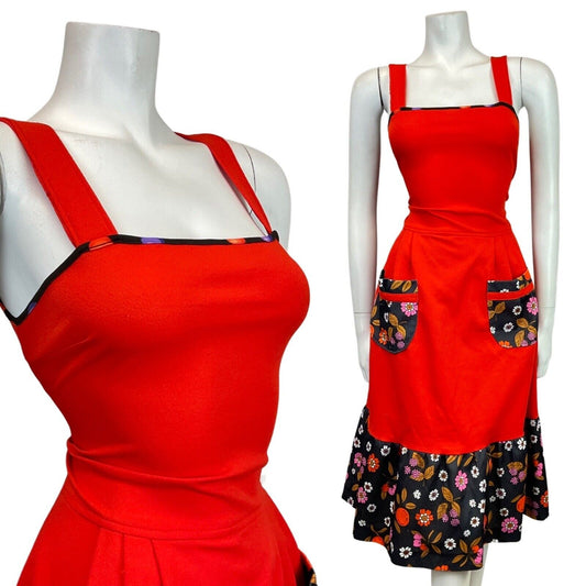 VINTAGE 60s 70s RED BLACK PINK FLORAL ORANGE BERRY APRON PINAFORE SUNDRESS 10