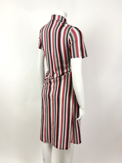 VTG 60s 70s WHITE SILVER BLACK RED STRIPED MOD DAGGER COLLAR SHIRT DRESS 12 14