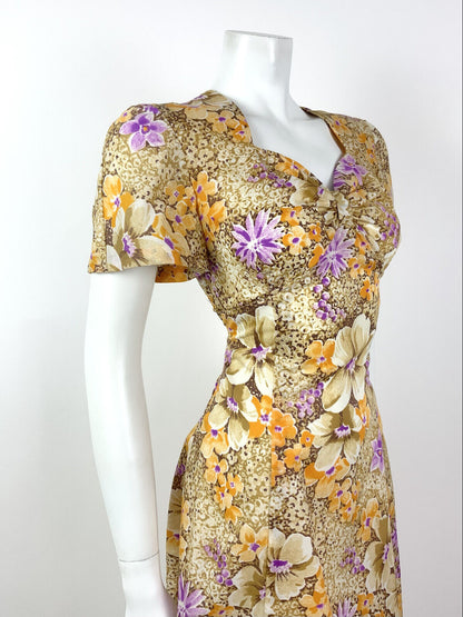 VTG 60s 70s CREAM BROWN PURPLE ORANGE FLORAL DITSY SWEETHEART TEA DRESS 10 12