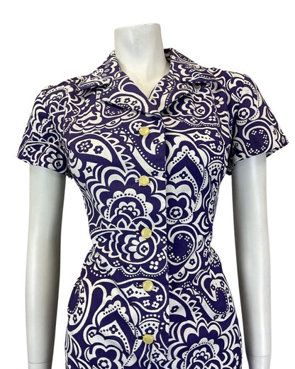 VINTAGE 60s 70s PURPLE WHITE PSYCHEDELIC FLORAL PAISLEY MOD SHORT SHIRT DRESS 12