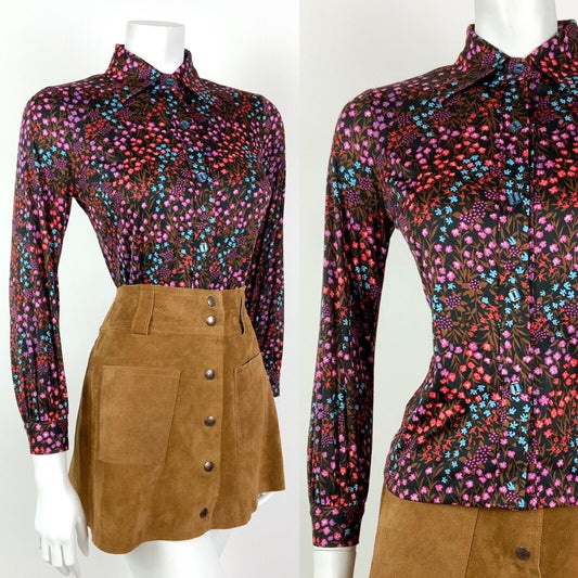 VINTAGE 60s 70s BLACK RED BLUE BROWN FLORAL DITSY DAGGER SHIRT BLOUSE 8 10