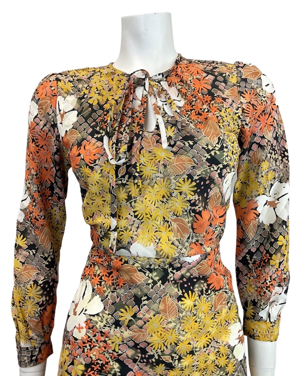 VINTAGE 60s 70s ORANGE YELLOW BLACK PSYCHEDELIC FLORAL SWING DRESS 10