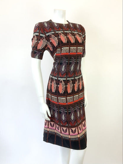 VINTAGE 60s 70s BLACK RED PINK CHECKED FLORAL LEAFY PAISLEY SWING DRESS 14 16