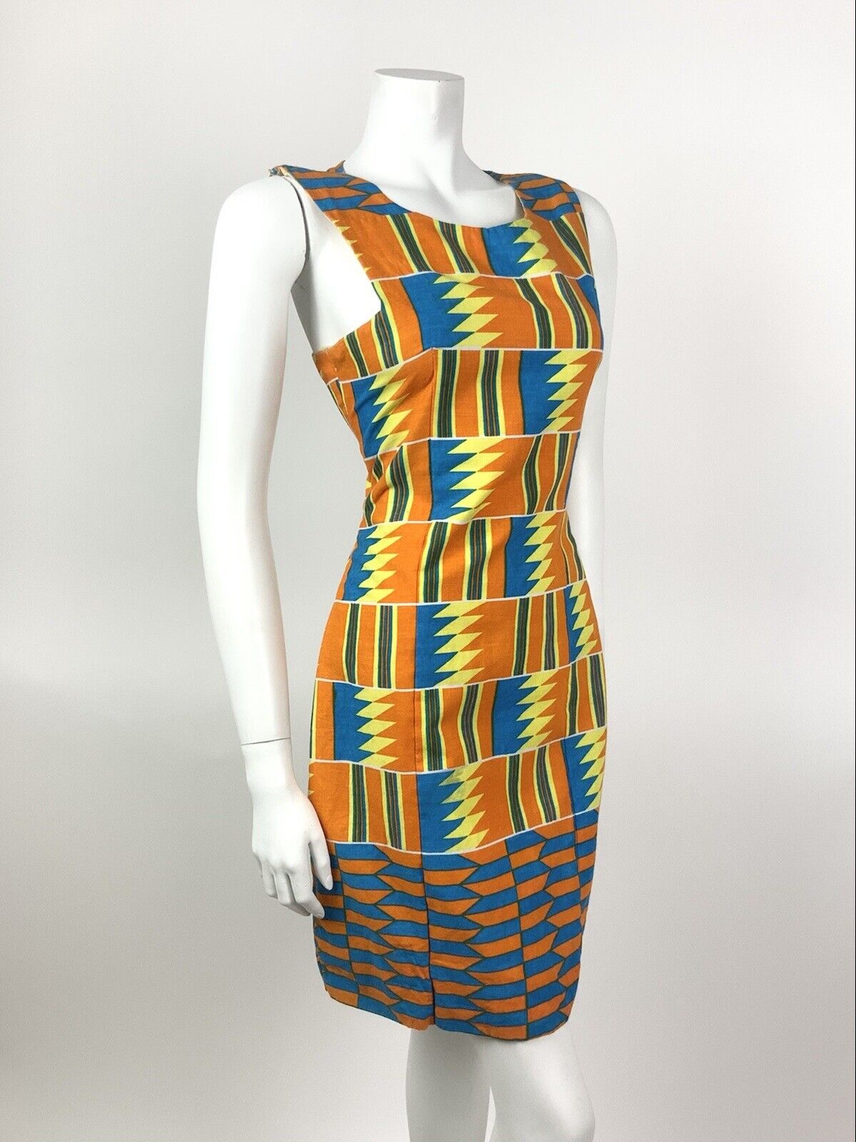 VINTAGE 60s 70s ORANGE YELLOW BLUE GEOMETRIC AZTEC SLEEVELESS SUMMER DRESS 10