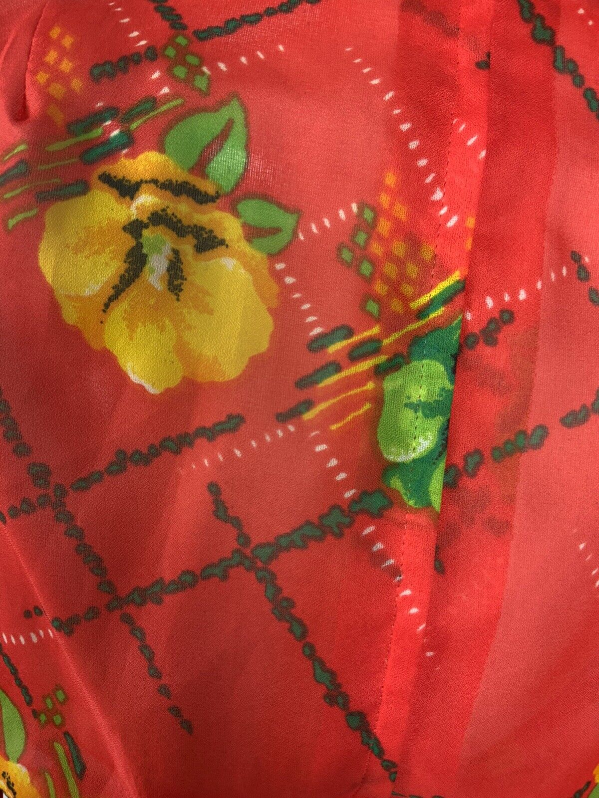 VTG 60s 70s RED / ORANGE YELLOW GREEN FLORAL WING COLLAR RUCHED BLOUSE TOP 8 10