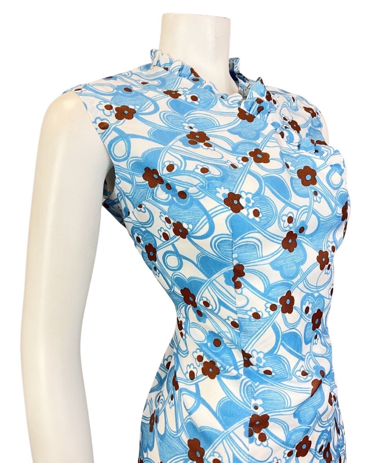 VINTAGE 60s 70s BLUE WHITE BROWN PSYCHEDELIC DAISY FLOWER MOD WIGGLE DRESS 14 16
