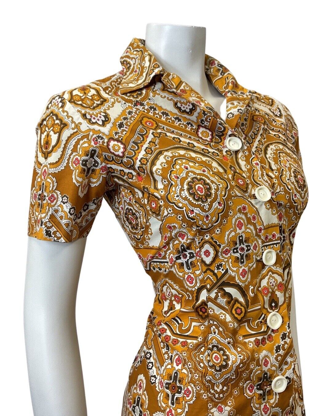VINTAGE 60s 70s BROWN YELLOW WHITE FLORAL MANDALA BOHO MOD SHIRT DRESS 10