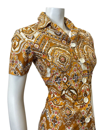 VINTAGE 60s 70s BROWN YELLOW WHITE FLORAL MANDALA BOHO MOD SHIRT DRESS 10