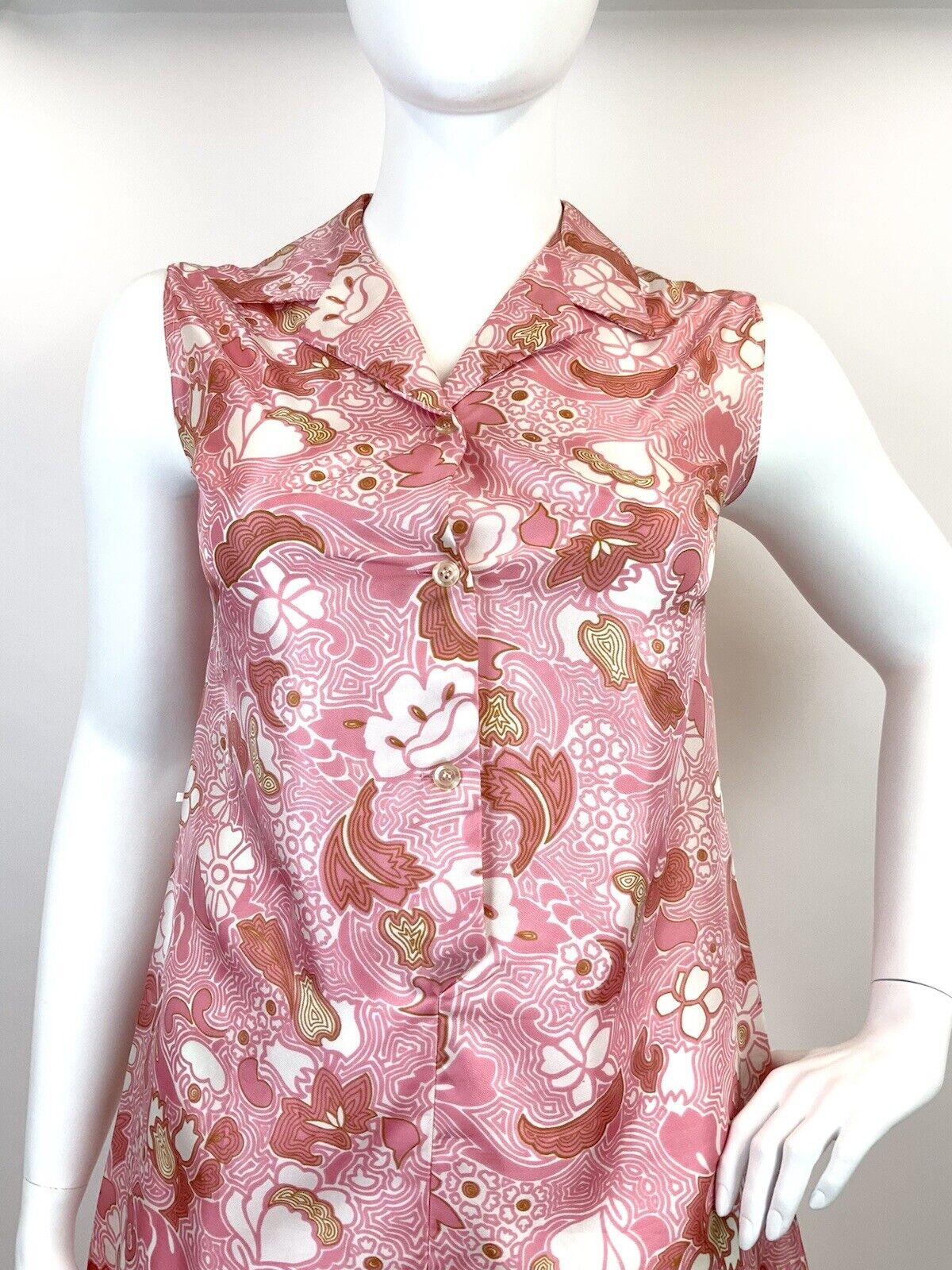 VINTAGE 60s 70s PINK WHITE GOLD PSYCHEDELIC SWIRL FLORAL MOD SHIRT DRESS 14 16