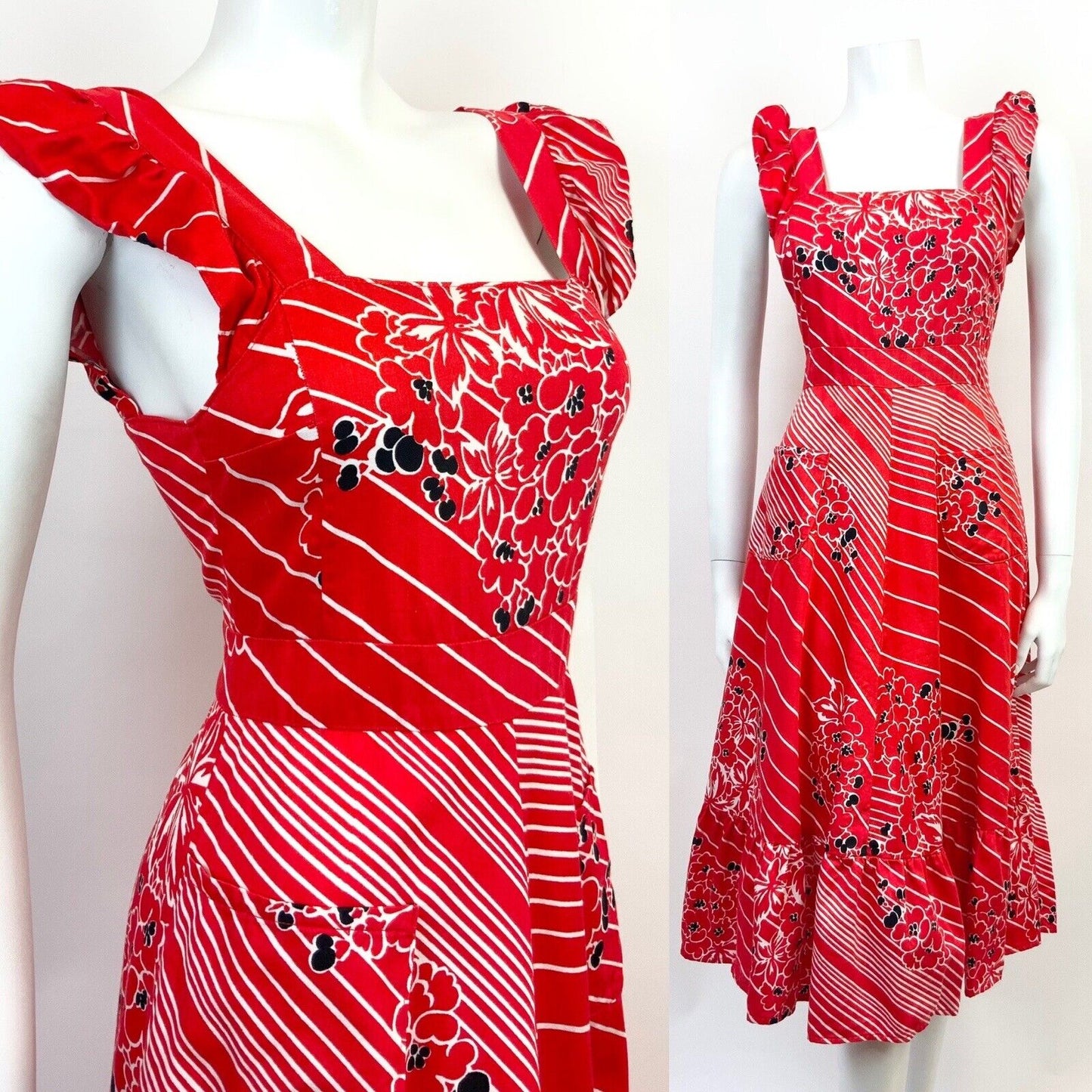 VINTAGE 60s 70s RED WHITE BLACK STRIPED FLORAL RUFFLED APRON SUMMER DRESS 4