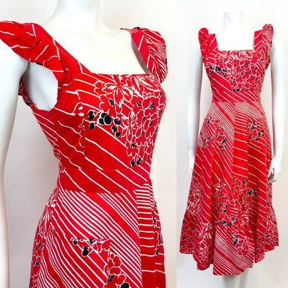 VINTAGE 60s 70s RED WHITE BLACK STRIPED FLORAL RUFFLED APRON SUMMER DRESS 4