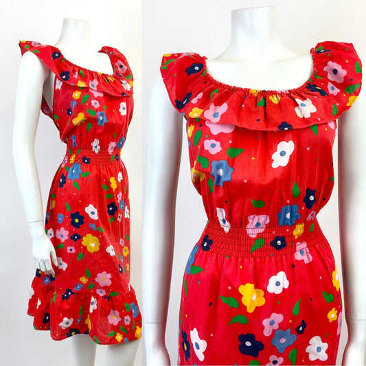 VTG 60s 70s RED BLUE GREEN WHITE FLORAL DAISY MOD SLEEVELESS SUMMER DRESS 12 14