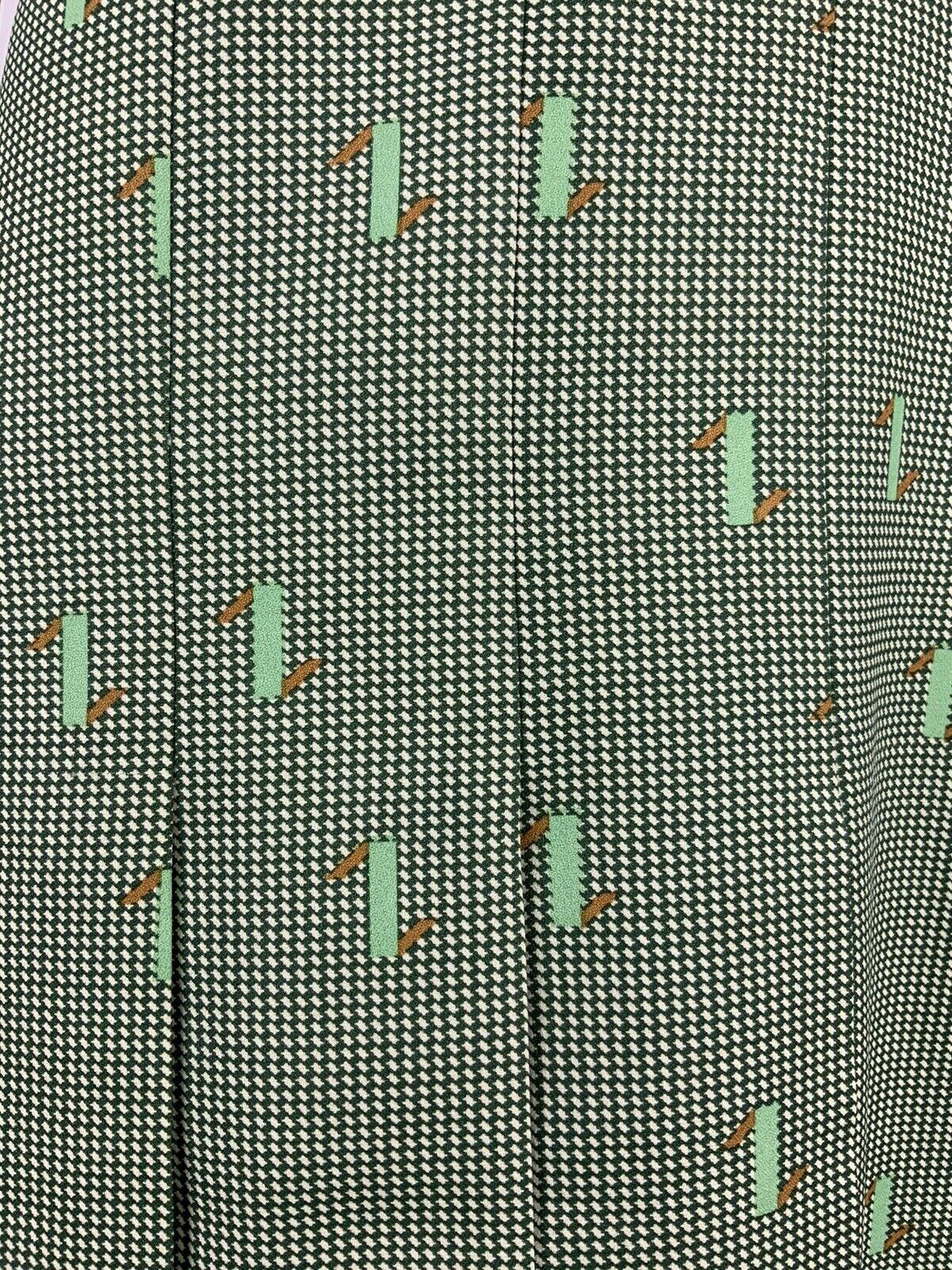 VINTAGE 60s 70s GREEN WHITE BROWN HOUNDSTOOTH GEOMETRIC WING COLLAR DRESS 10