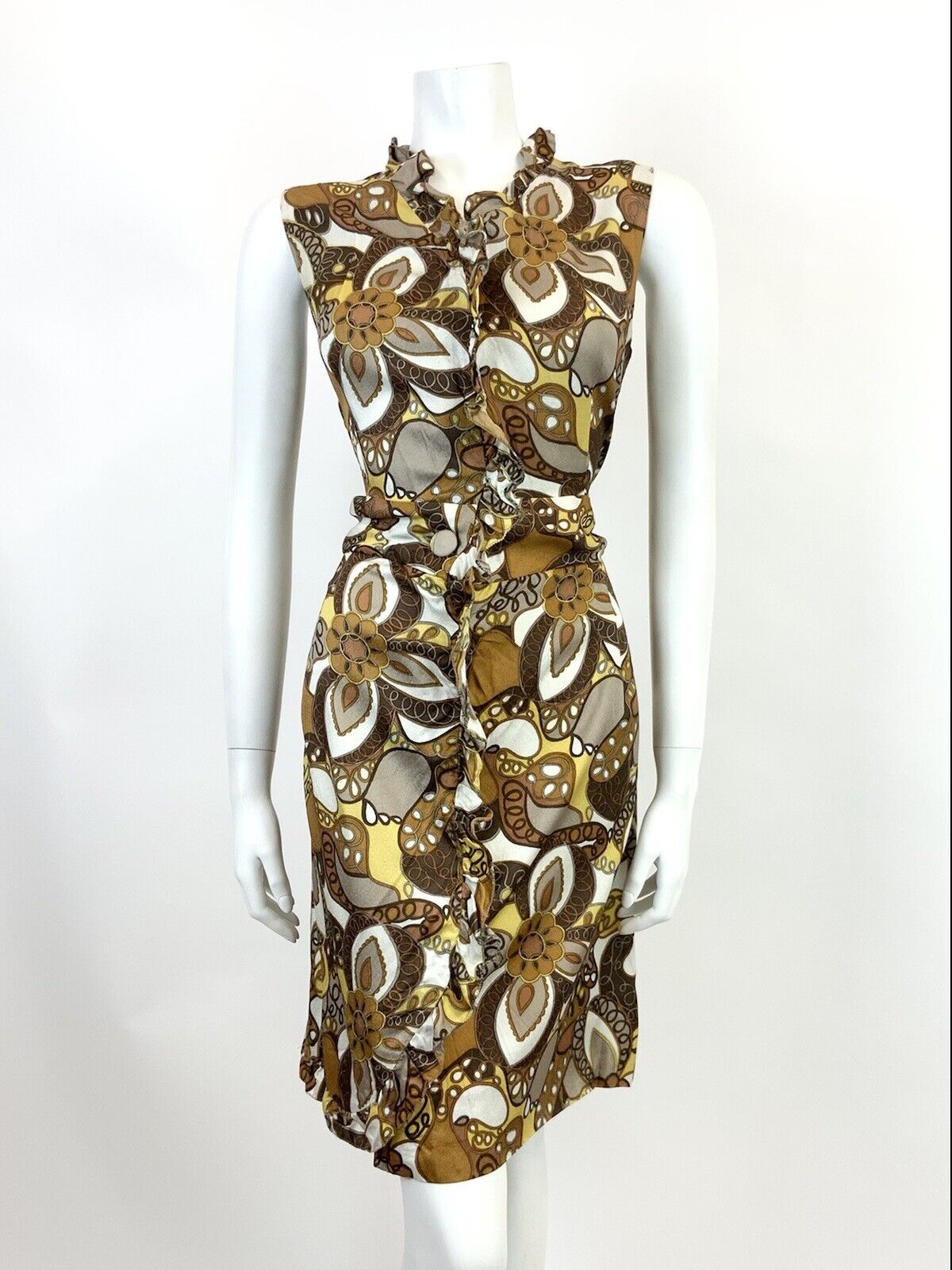 VINTAGE 60s 70s BROWN CREAM YELLOW WHITE PSYCHEDELIC FLORAL RUFFLE DRESS 12