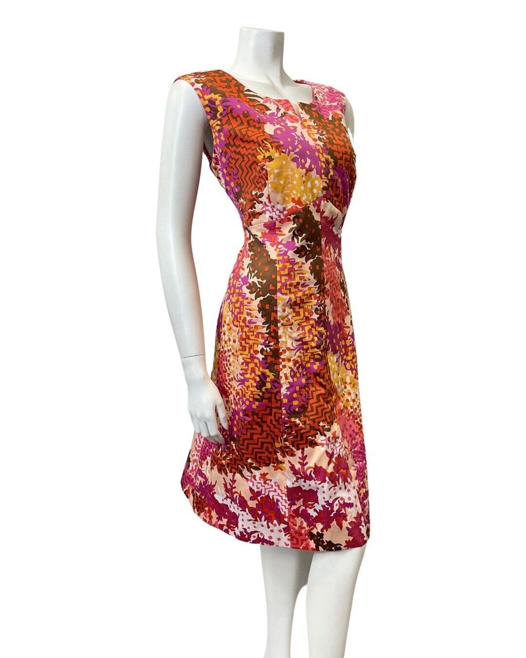 VTG 60s 70s PINK PURPLE YELLOW PSYCHEDELIC FLORAL GEOMETRIC SLEEVELESS DRESS 14