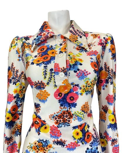 VINTAGE 60s 70s WHITE BLUE PINK FLORAL BOUQUET MOD DAGGER SHIRT DRESS 12 14